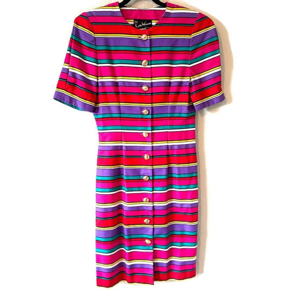Vintage Kate Warner Bright Colorful Striped  Button Up Sheath Dress Size 10
